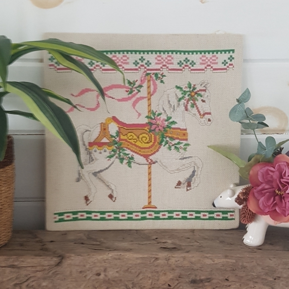 Vintage Carousel Horse Cross Stitch Embroidery Textile Wall Art 13x13